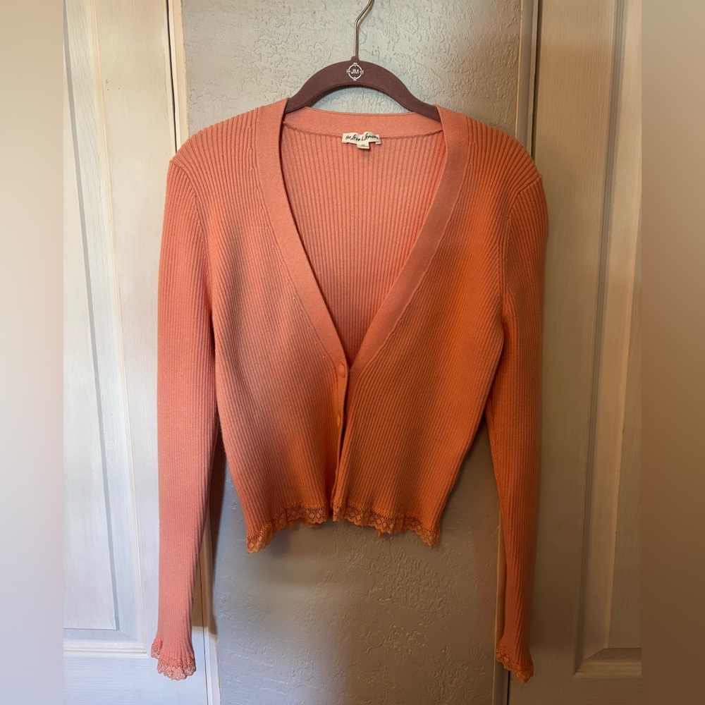 For Love and Lemons Peach Ribbed Lace Trim Cardigan Size XL
